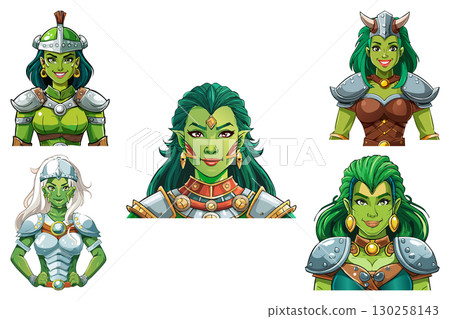 Formidable woman orc warrior in armor, portrait green girl orc barbarian nomad warrior, monster orc fantasy female warrior 130258143