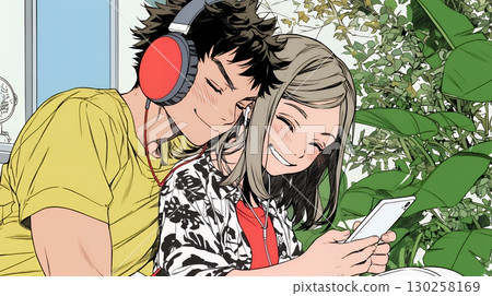 一對年輕夫婦開心地一起看智慧型手機 130258169