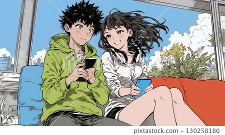 A young couple looking at a smartphone together happily 130258180