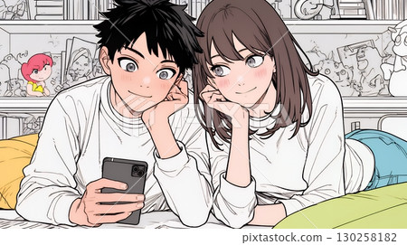 A young couple looking at a smartphone together happily 130258182