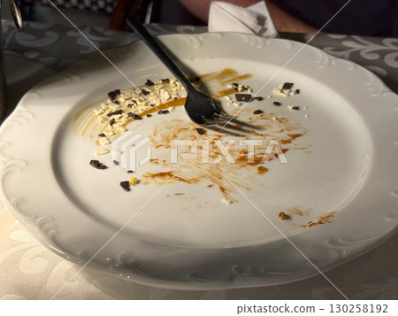 Messy empty dessert plate with chocolate crumbs. Completion, satisfaction, and indulgence after sweet dining experience in cafe. Messy empty dessert plate with chocolate crumbs. Completion, satisfaction, and indulgence after sweet dining experience in cafe. 130258192