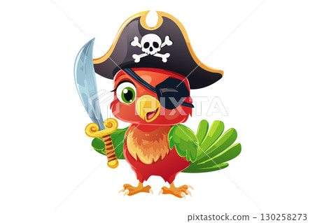 Cute cartoon parrot pirate  with eyepatch holding a cutlass sword and wearing a tricorn hat, Parrot pirate bird with black skull hat, 130258273