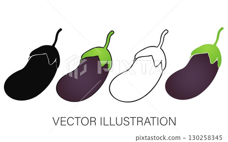 Eggplant Illustration Set: Whole, Sliced, and Line Art 130258345