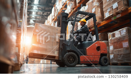 工廠工人用堆高機搬運貨物 工廠工人用堆高機搬運貨物 130258409