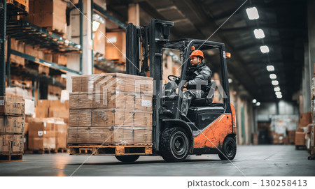 Factory worker carrying goods with a forklift 130258413