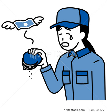 一位穿著工裝褲的女士抱怨自己沒錢 130258477