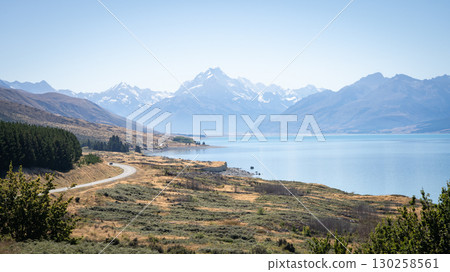 Beautiful alpine landscape with turquoise lake and snowy mountains, Mt Cook, New Zealand 130258561
