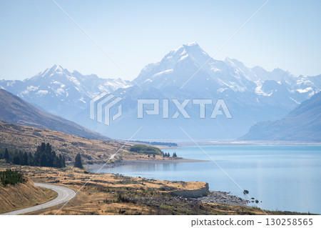 Beautiful alpine landscape with glacial lake, huge glaciers and mountains, Mt Cook, New Zealand Beautiful alpine landscape with glacial lake, huge glaciers and mountains, Mt Cook, New Zealand 130258565