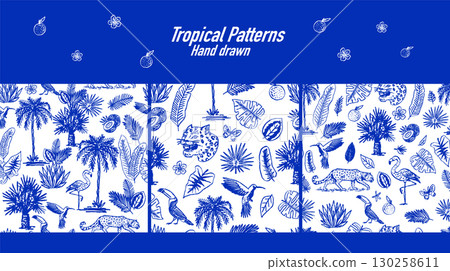 Seamless pattern with Japanese leopard or jaguar with tropical leaves, toucan, flamingo, hummingbird 130258611