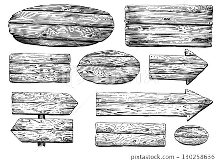 Set of different wooden frame signs, Arrow and directional boards, posts or banners, rustic 130258636