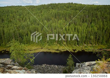 Enjoy the stunning view of a lush forest and a calm river from a beautiful hilltop 130258868