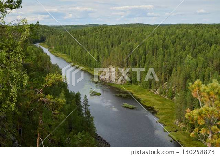 A Serene Forested River Gracefully Flowing Through a Lush and Green Landscape Filled with Beauty 130258873