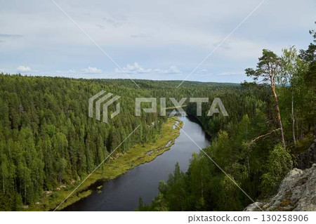 A scenic river meanders through a lush green forest landscape, enchanting and inviting 130258906