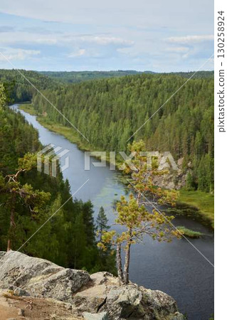 Discover a Serene River View that is Beautifully Surrounded by a Lush Green Forest Landscape Discover a Serene River View that is Beautifully Surrounded by a Lush Green Forest Landscape 130258924