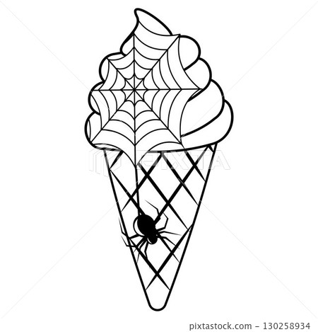 Ice cream in a spider's web doodle-style Halloween candy, black outline 130258934