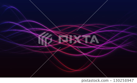Abstract glowing gradient fiber waves in blue and purple colors on dark background. Futuristic neon light lines for modern digital design. 130258947