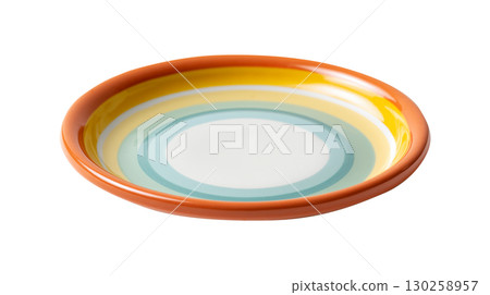 Colorful ceramic plate with orange rim and circular pattern isolated on transparent background 130258957