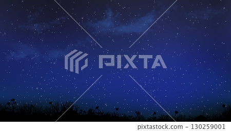 Seamless night calm landscape. Flat silhouette grass and flower field under the realistic starry sky 130259001