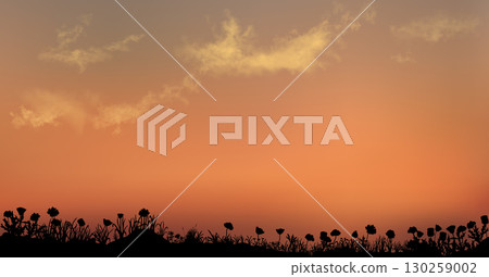 Seamless vector realistic silhouette grass field with sunset sky backdrop. Long length vector 130259002
