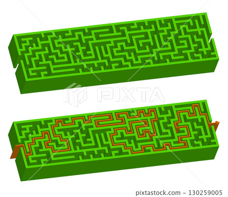 Green isometric simple garden maze. 3d round labyrinth in perspective lying on the white background 130259005