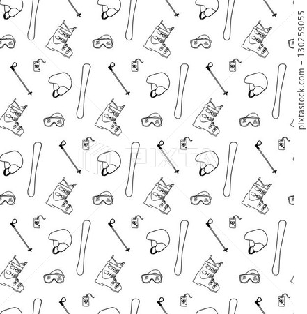 Set winter holiday, sport, ski equipment. Seamless pattern, helmet, skis, ski boots and other equipment. Vector graphic line illustration 130259055