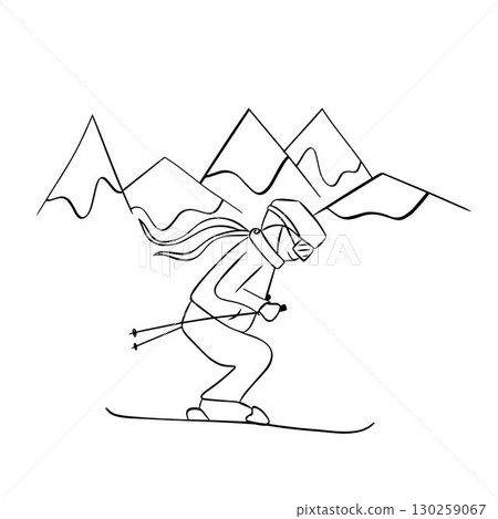 Sketch of mountains and skier, vector graphic line composition. Hand drawn illustration converted to vector 130259067