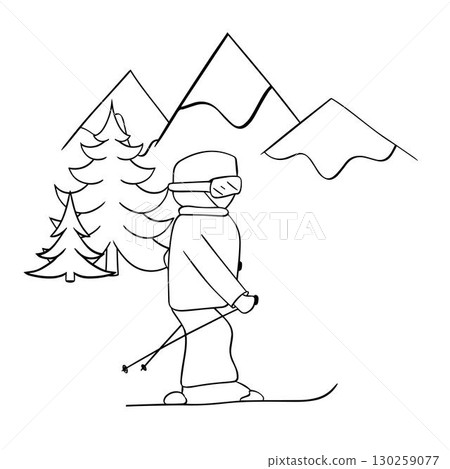 Mountain ski resort landscape. Winter web banner design. graphic line illustration of skier in mountains with pine trees. Vector illustration 130259077