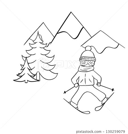 Skier young in mountains with pine trees. Picturesque landscape, ski season. Vector graphic line illustration. Outdoor vacation, memorable resort. Active winter sport. Recreation concept. Skier young in mountains with pine trees. Picturesque landscape, ski season. Vector graphic line illustration. Outdoor vacation, memorable resort. Active winter sport. Recreation concept. 130259079
