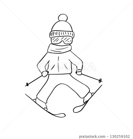 graphic line vector drawing. Illustration shows a newborn skier skiing downhill. Winter sport. Extreme. transparent background graphic line vector drawing. Illustration shows a newborn skier skiing downhill. Winter sport. Extreme. transparent background 130259102