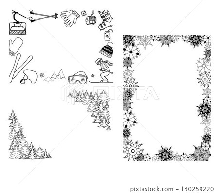 Graphic line vector hand drawn set of Winter Sports objects, symbols and items. Rectangle frame template composition 130259220