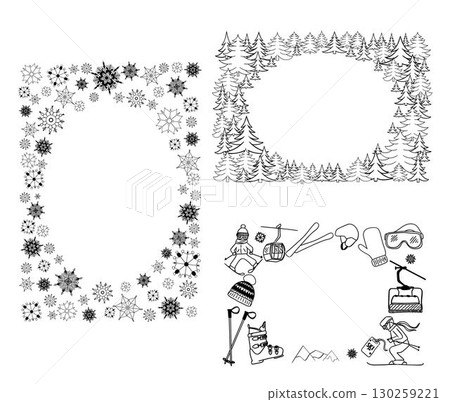 Graphic line pine tree, snowflakes, ski equipment, forest oval frame set. Vector Isolated on white transparent background illustration 130259221