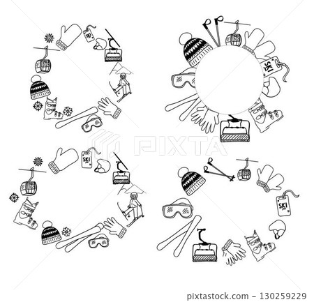 Ski equipment circle round oval template frame set. Ski club vector retro badge in graphic line style Ski equipment circle round oval template frame set. Ski club vector retro badge in graphic line style 130259229