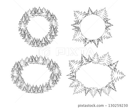 Background of pine tree forest, oval and round circle frame set. Vector graphic line illustration. Transparent background Background of pine tree forest, oval and round circle frame set. Vector graphic line illustration. Transparent background 130259230