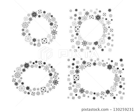 Snowflake circle round and oval frame set. Winter snowflake graphic line vector illustration. Design elements for Christmas and New Year greeting cards and banners. Snowflake circle round and oval frame set. Winter snowflake graphic line vector illustration. Design elements for Christmas and New Year greeting cards and banners. 130259231