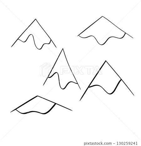 Hand Drawn mountain peaks with snow vector illustration set, landscape nature silhouette, engraving style, vector illustration. Hand Drawn mountain peaks with snow vector illustration set, landscape nature silhouette, engraving style, vector illustration. 130259241