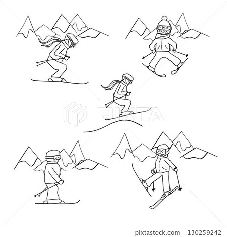 Silhouette of a Skier Action in mountains composition set vector graphic line illustration. Capturing the Excitement and Energy of Winter Sports. Perfect for Action and Winter-themed Designs. Silhouette of a Skier Action in mountains composition set vector graphic line illustration. Capturing the Excitement and Energy of Winter Sports. Perfect for Action and Winter-themed Designs. 130259242