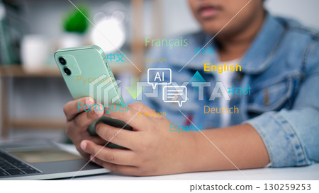 AI translation app on smartphone, multilingual communication, artificial intelligence language learning concept 130259253