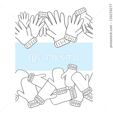Seamless border frame of winter gloves and mittens. Graphic line Doodle vector illustration. Template design for flyers, banners, booklets, brochures etc. Vector 10 EPS 130259277