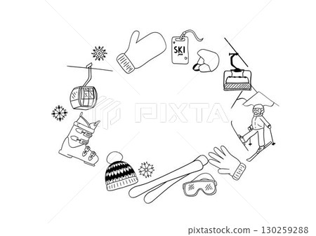 ski equipment oval frame. Vector graphic line illustration. Horizontal winter sport . Use as banner, footer, card decor, flyer, fabric trim. ski equipment oval frame. Vector graphic line illustration. Horizontal winter sport . Use as banner, footer, card decor, flyer, fabric trim. 130259288