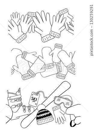 Seamless winter border with ski equipment set Skis, boots, sunglasses, hat, gloves, mitten in graphic line style. Vector graphic line illustration on transparent background. 130259291