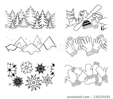 Set of seamless borders in winter sports theme. Graphic line silhouettes of pine trees, mountains, snowflakes, ski equipment Graphic line stock vector. 130259292