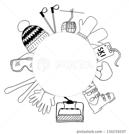 ski sport vector logo illustration template circle round frame icon graphic line design. ski goggles ski stick symbol or sign for winter sport shop or business with retro typography style ski sport vector logo illustration template circle round frame icon graphic line design. ski goggles ski stick symbol or sign for winter sport shop or business with retro typography style 130259297