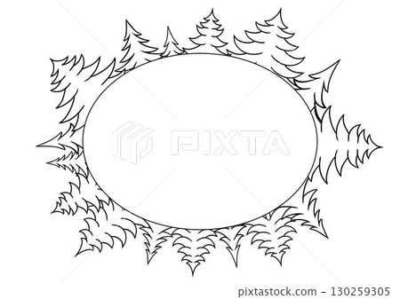 Pine tree oval frame in graphic line style. vector template Merry Christmas hand written text. For holiday headers, banners, party posters. 130259305