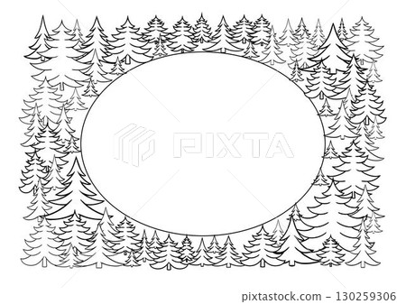 Graphic line pine tree forest oval frame. Vector Isolated on white transparent background illustration Graphic line pine tree forest oval frame. Vector Isolated on white transparent background illustration 130259306