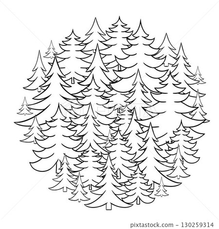 Round pine tree forest Composition. Circle round template in graphic line style, vector illustration 130259314