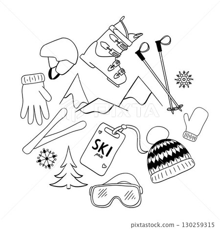 graphic line equipment for skiing ski boots, skis and ski poles, vector circle round composition isolated on white background. Snowboard, skates and skis, leisure, activities 130259315
