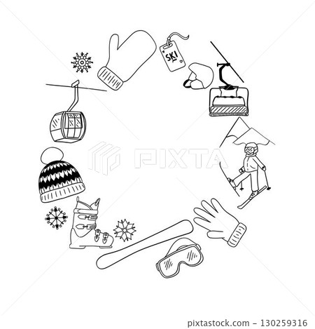 Graphic line vector hand drawn set of Winter Sports objects, symbols and items. Round circle frame template composition 130259316