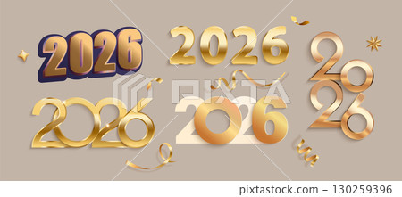 Set elegant golden numbers for 2026 New Year. Template for design, poster, flyer, web, invitations, congratulations, social media. New Year logo design. Vector illustration 130259396