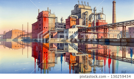 A vibrant watercolor captures an industrial complex lined by pipes and colorful buildings along a serene waterfront. The sunset creates a beautiful reflection in the water. 130259434