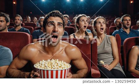 The surprise and excitement of the moviegoers as they watch the movie with popcorn in hand 130259450